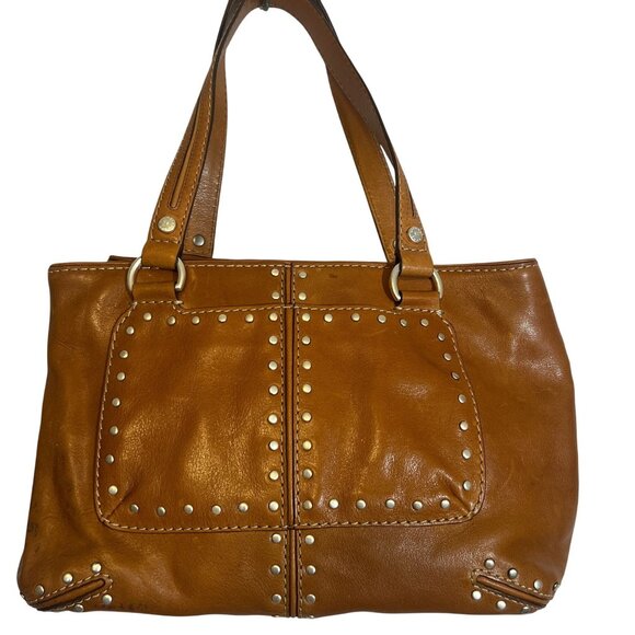 Michael Kors Studded Brown Leather Tote Shoulder Bag Satchel Purse Dual Handles - Picture 1 of 11